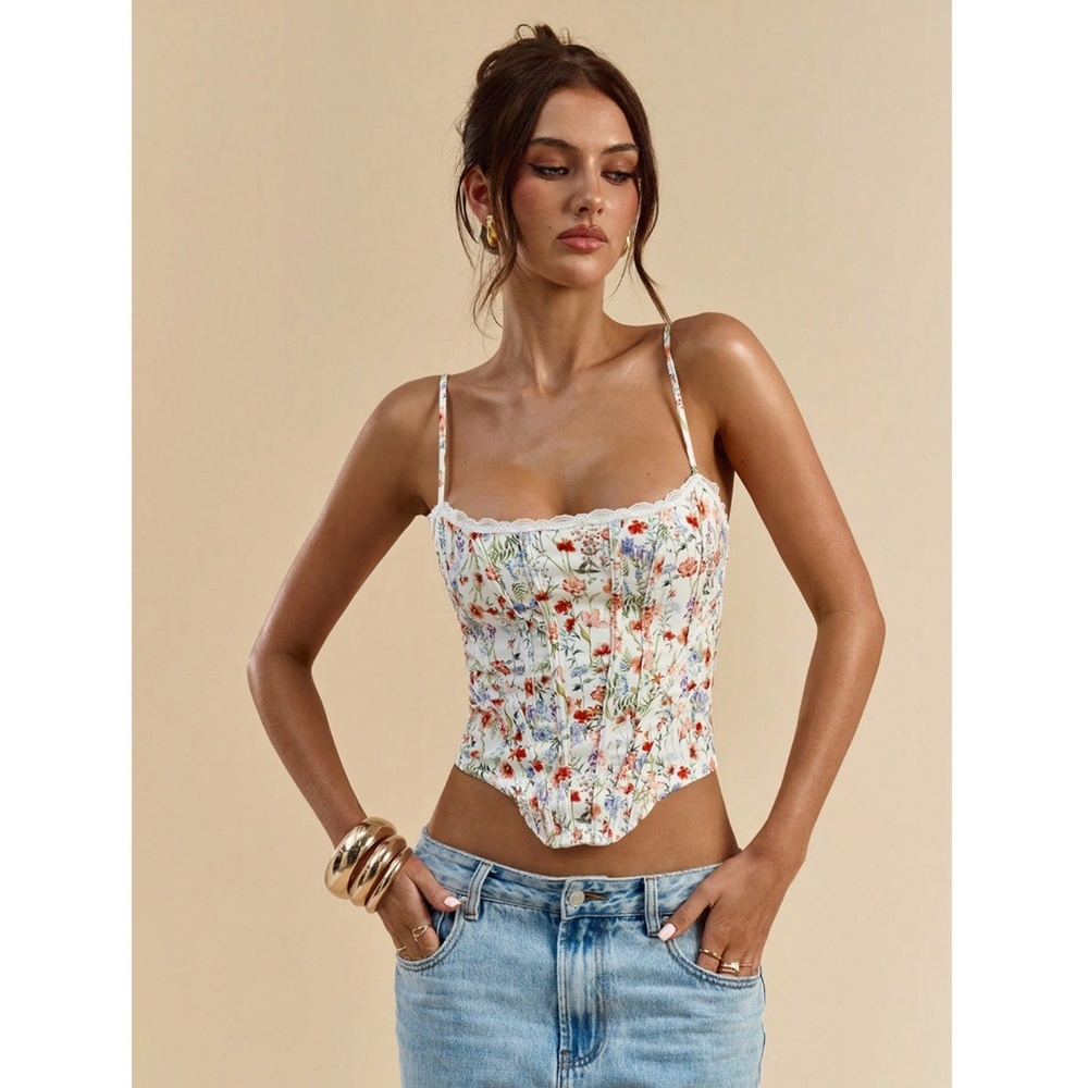 White Ditsy Floral Cami Top Corset Style Lace Up Back - Picture 7 of 9